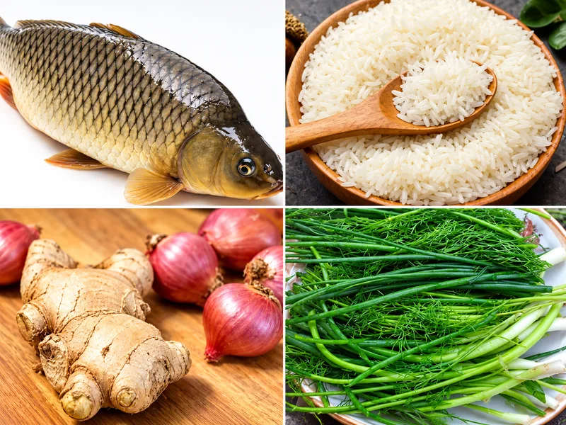 Nguyên liệu nấu cháo cá chép gồm cá tươi, gạo, gừng và rau thơm.