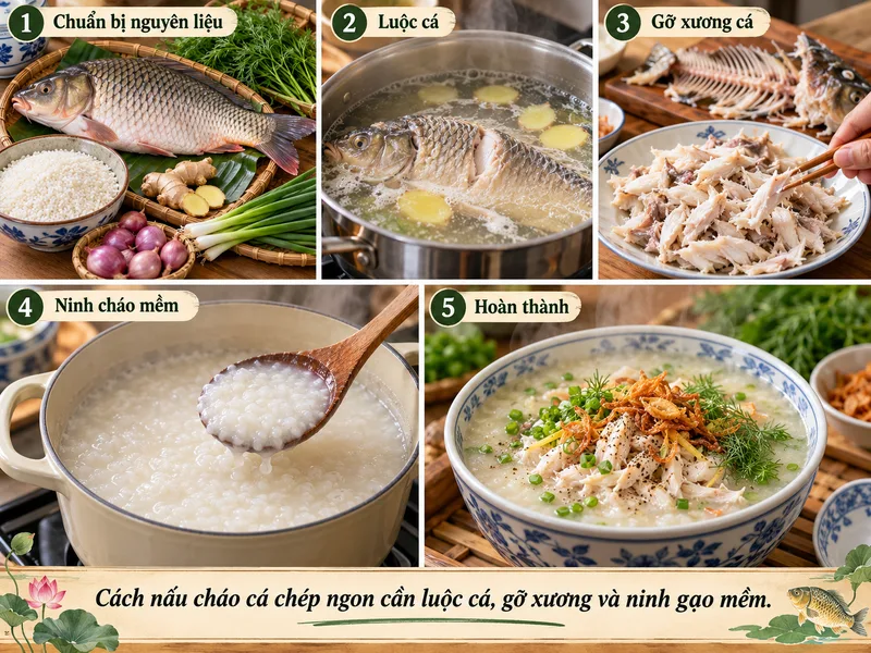 Cách nấu cháo cá chép ngon cần luộc cá, gỡ xương và ninh gạo mềm.