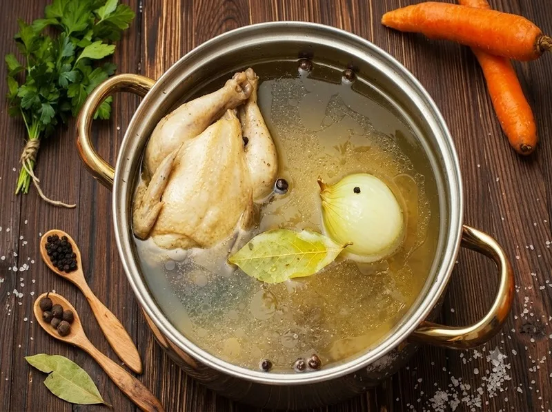 Luộc thịt gà để tạo nước dùng trong và ngọt tự nhiên